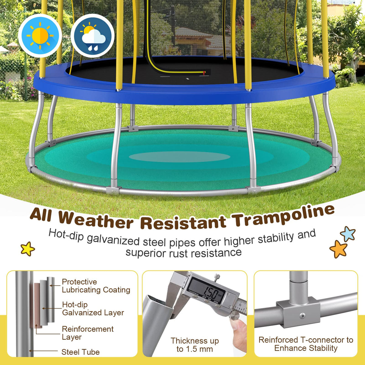 8FT Outdoor Trampoline with Galvanized Steel Frame and Enclosure Net