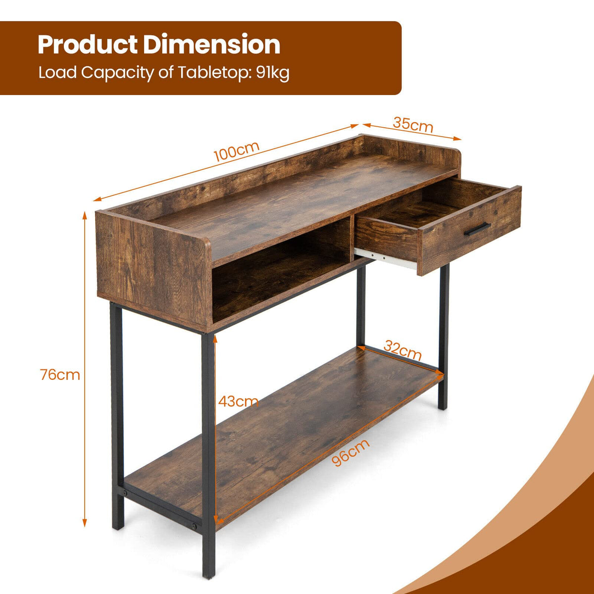 Giantex Long Console Table for Small Space, Couch Side Table with Drawer & Anti-Tipping Kit, Rustic Brown