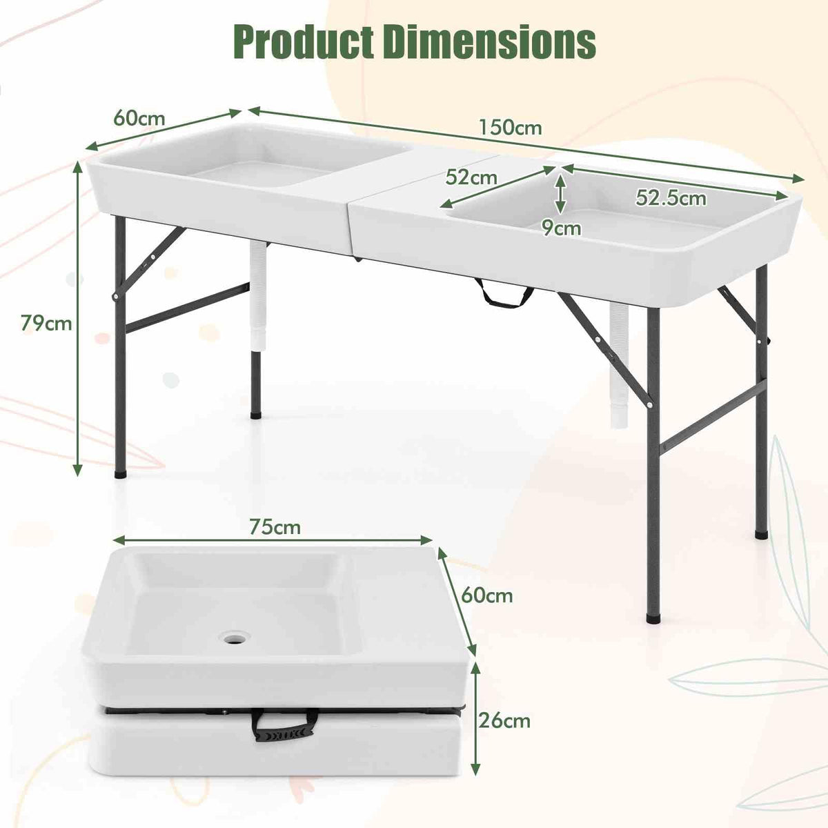 1.5M Folding Ice Cooler Table, Outdoor Chilling Table w/Double Sinks