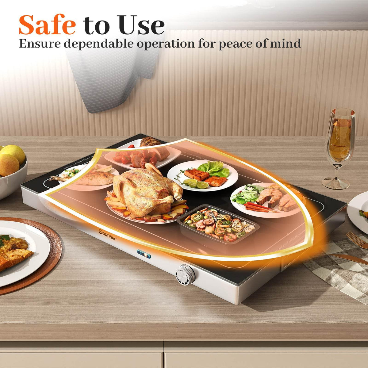 Electric Warming Tray with Adjustable Temperature Tempered Glass Top Food Warmer