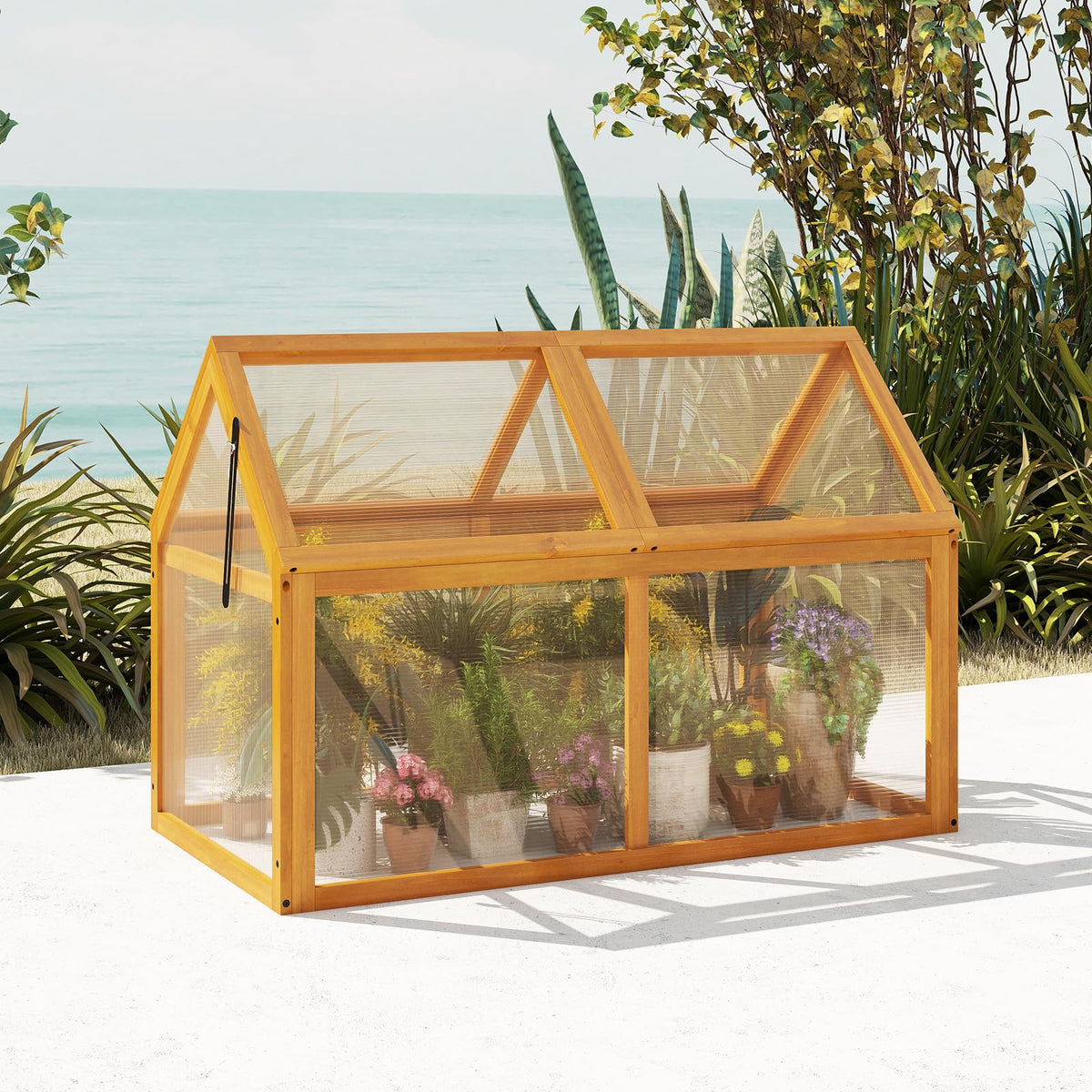 Wood Cold Frame Greenhouse, Portable Raised Flower Planter Protection with Transparent Panels