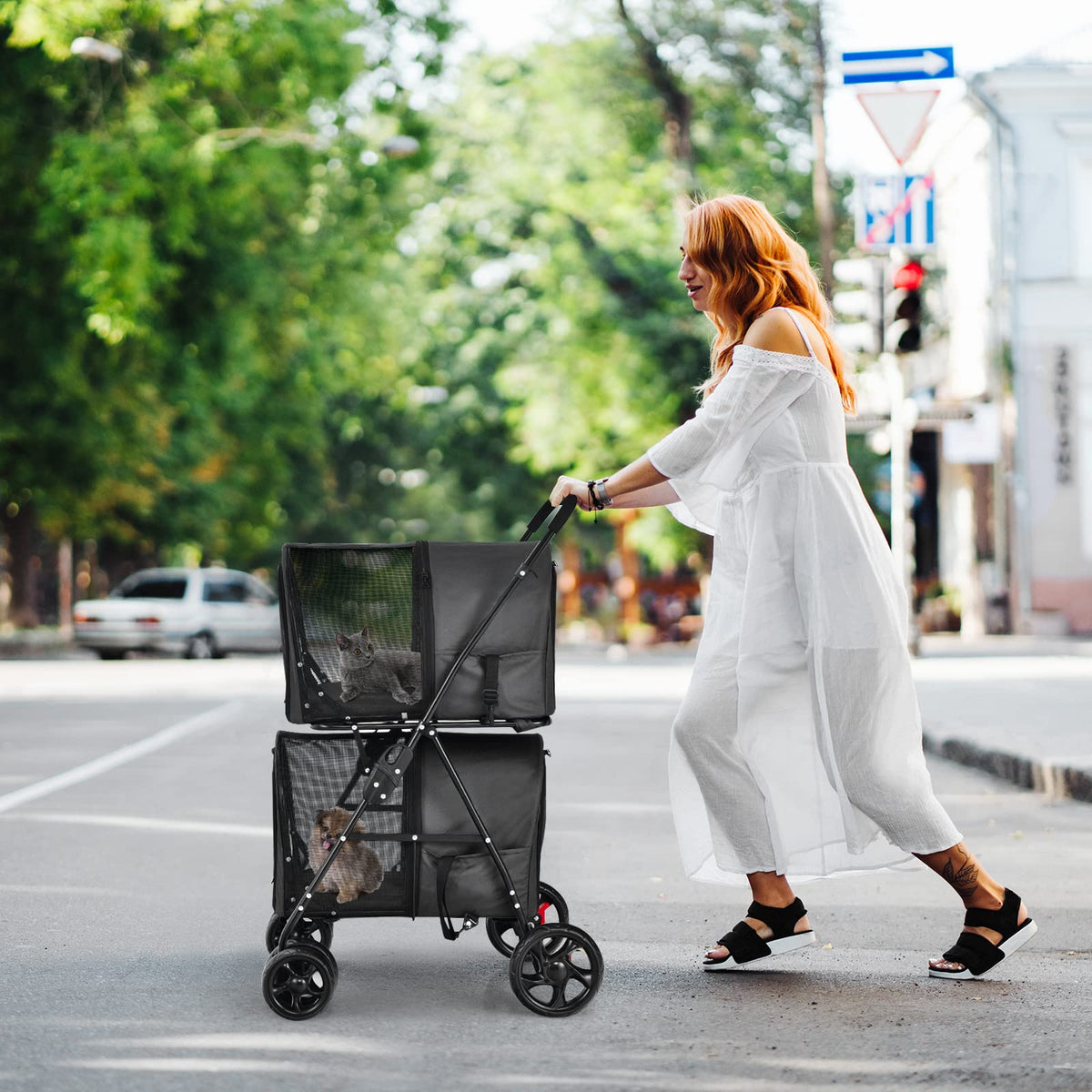 4-in-1 Double Layer Pet Stroller, Foldable Cat Dog Stroller on Wheels