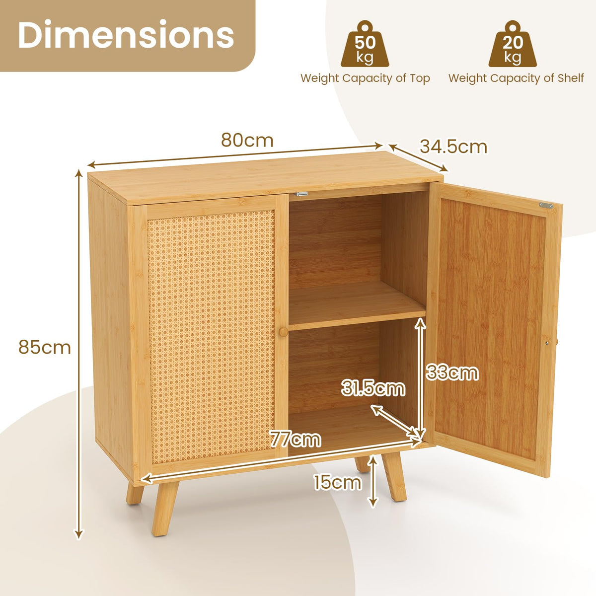 Bamboo Buffet Cabinet Boho Sideboard Storage Cabinet with Doors
