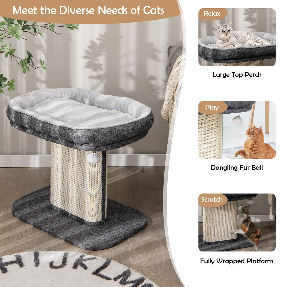 Modern Cat Tree Tower for Kittens, Cat Activity Tower w/Large Plush Perch & Sisal Scratching Plate