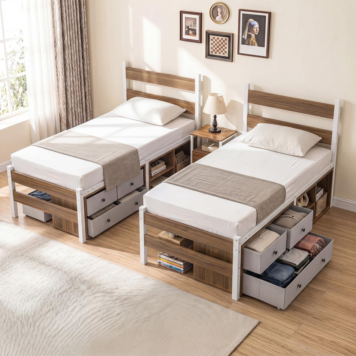 Giantex Single Size Metal Bed Frame w/3 Drawers & Storage Cubes, Industrial Platform Bed