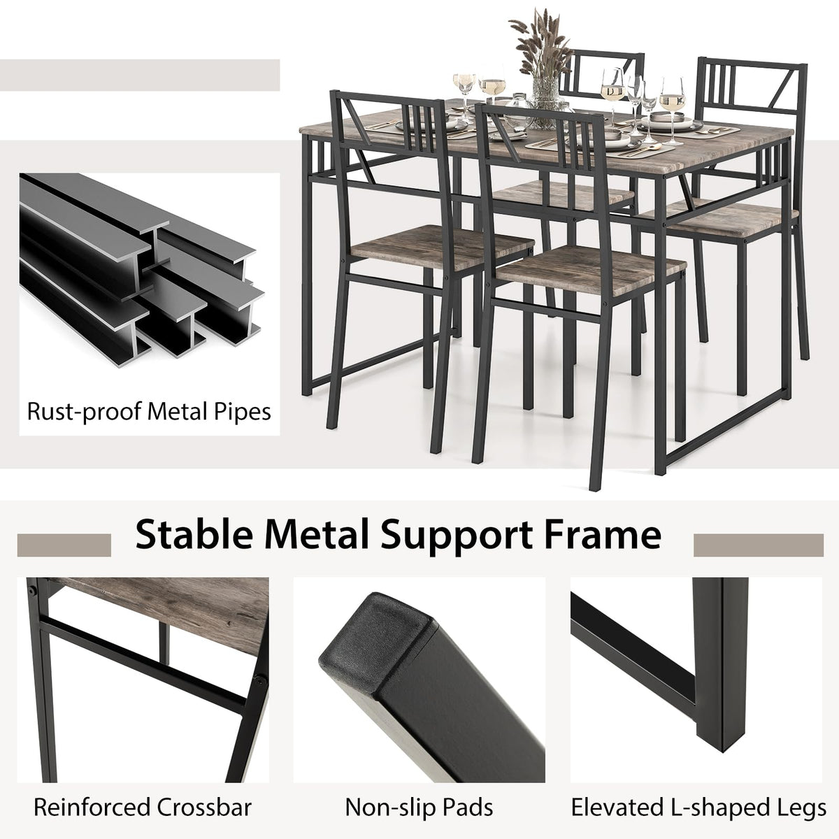 Giantex 5 Piece Dining Table Set, Industrial-Style Kitchen Table & 4 Chairs w/Wood Like Tabletop & Metal Frame