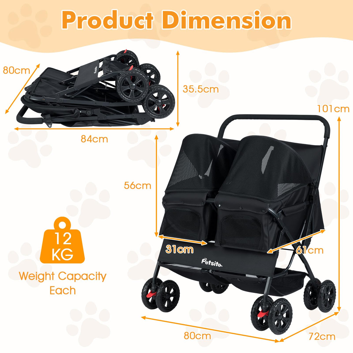 Double Pet Stroller Foldable Dog Walk Jogger with Adjustable Sunshade