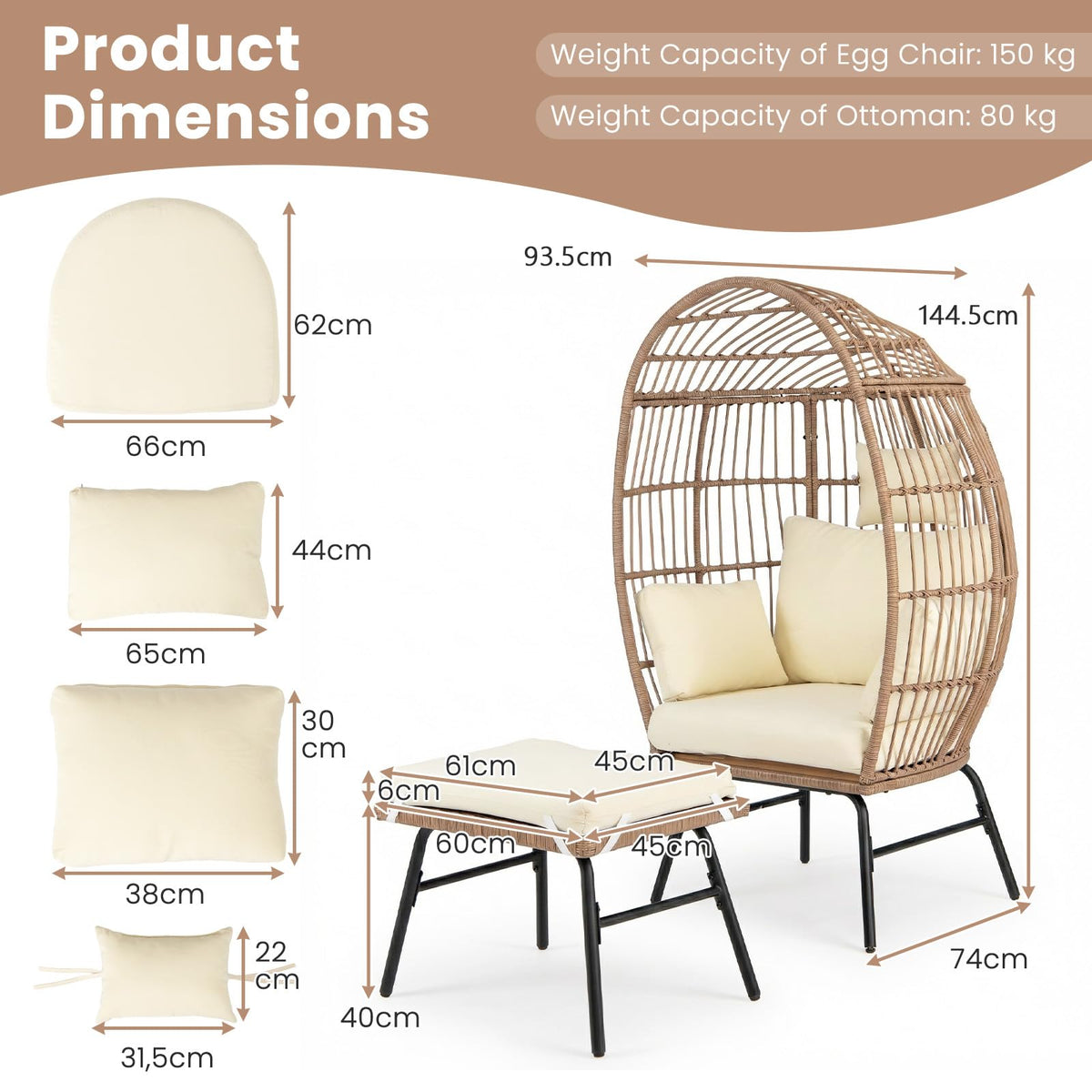 PE Rattan Egg Chair with Ottoman, Indoor & Outdoor Wicker Patio Lounge Chair