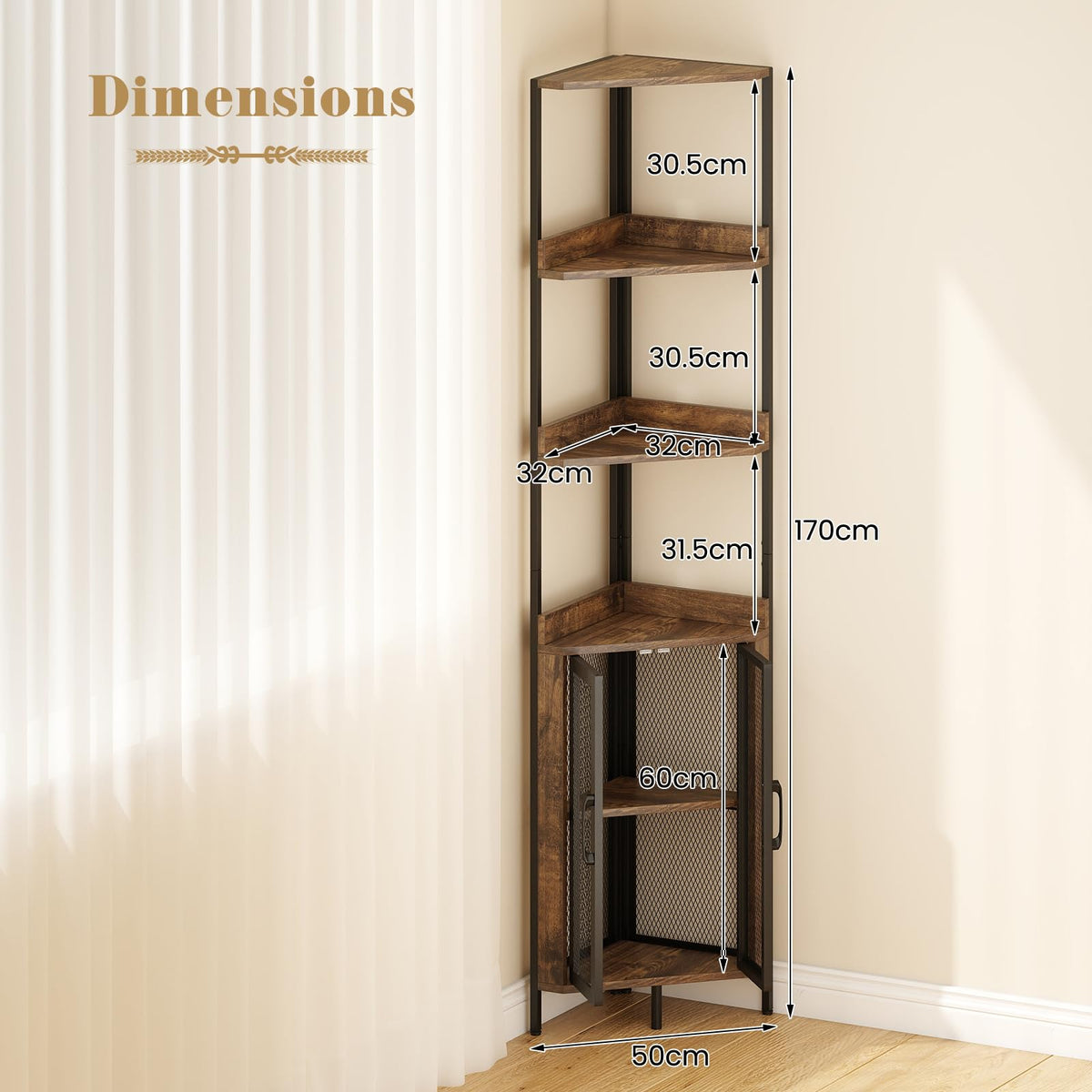 170cm Tall Corner Bookshelf with Cabinet and Doors for Living Room and Bedroom