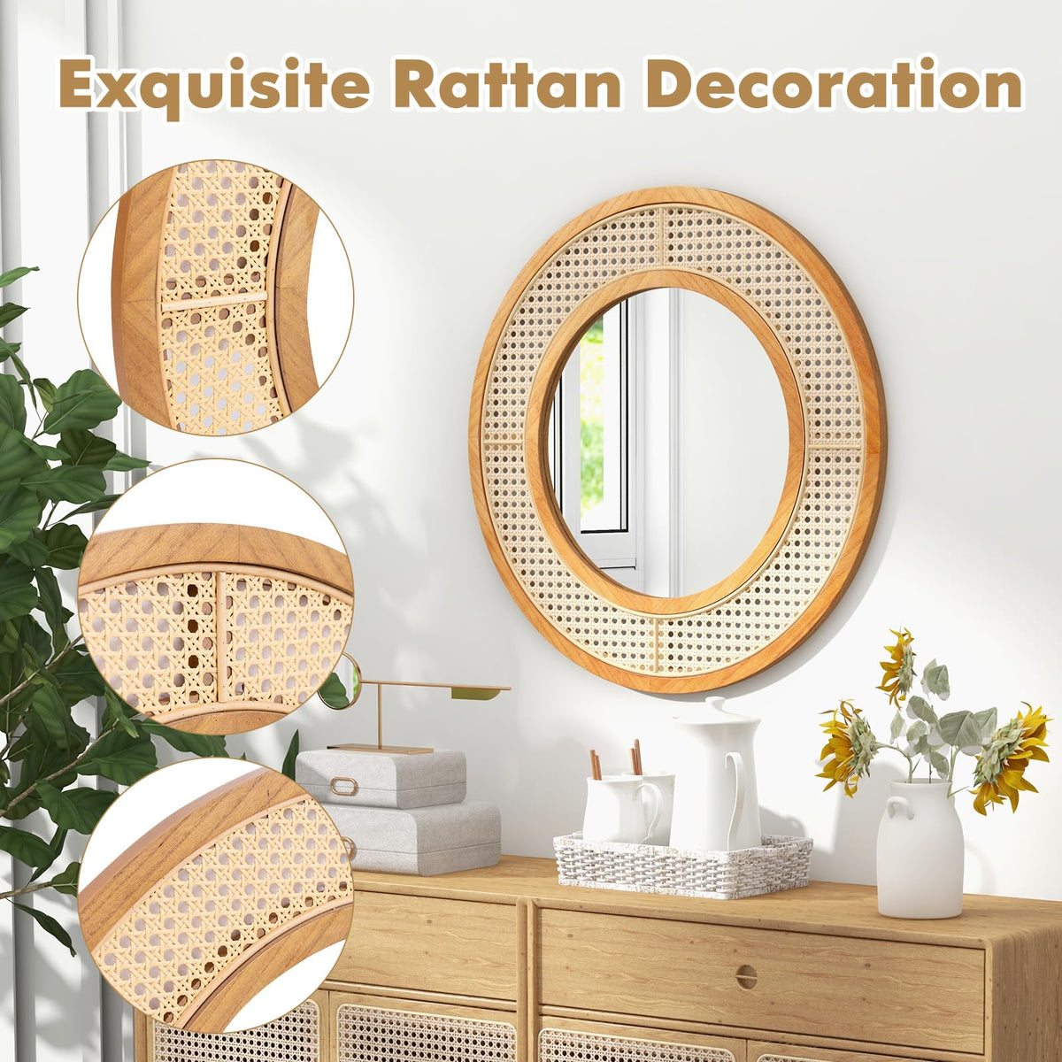 Giantex Rattan Round Wall Mirror, 65cm Wooden Framed Mirror with Aluminum Glass