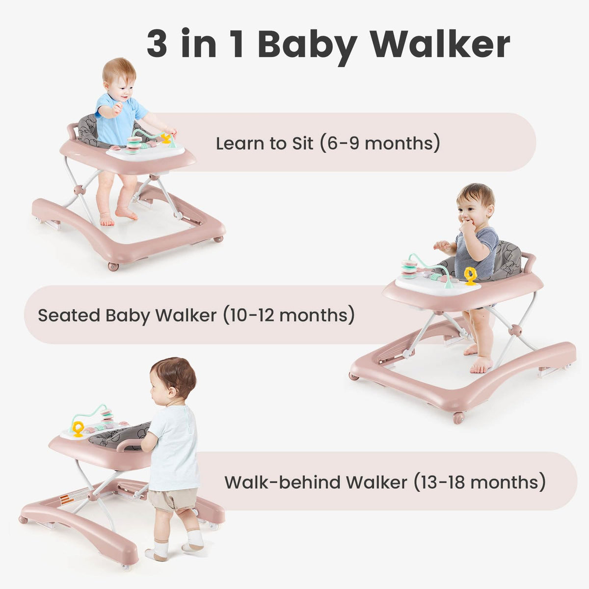 Foldable Baby Walker with Adjustable Height for Boys and Girls