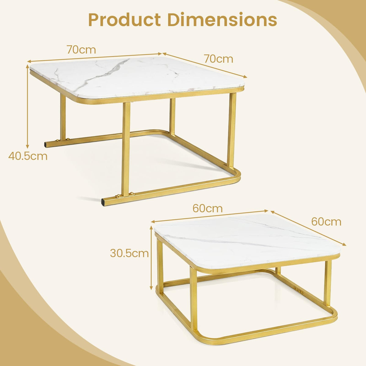 Nesting Coffee Table Set of 2 with Faux Marble Tabletop and Metal Frame for Living Room Bedroom