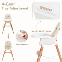 Wooden Highchair for Babies Infants w/Double 4-Gear Tray, Removable Seat Cushion & 5 Point Harness