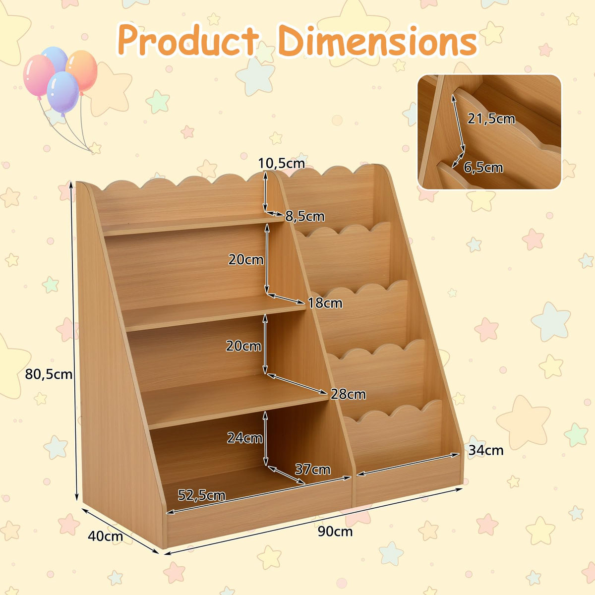 5-Tier Scalloped Shelves, Deep Compartments, Wooden Book