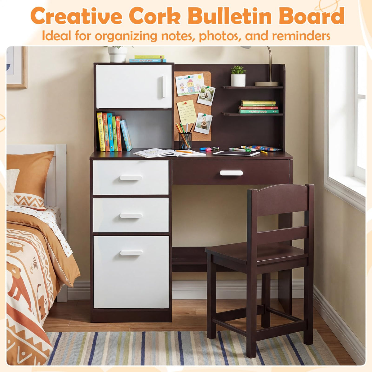 Kids Desk and Chair Set with Hutch and Bulletin Board