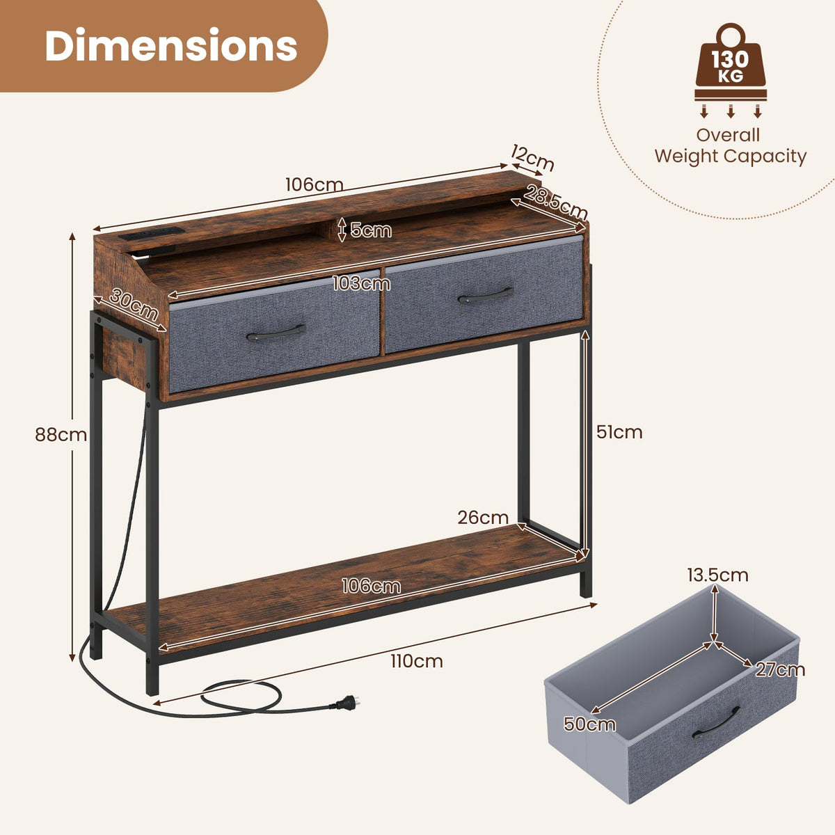 Giantex Console Table with Charging Station, 110 cm Narrow Entryway Table