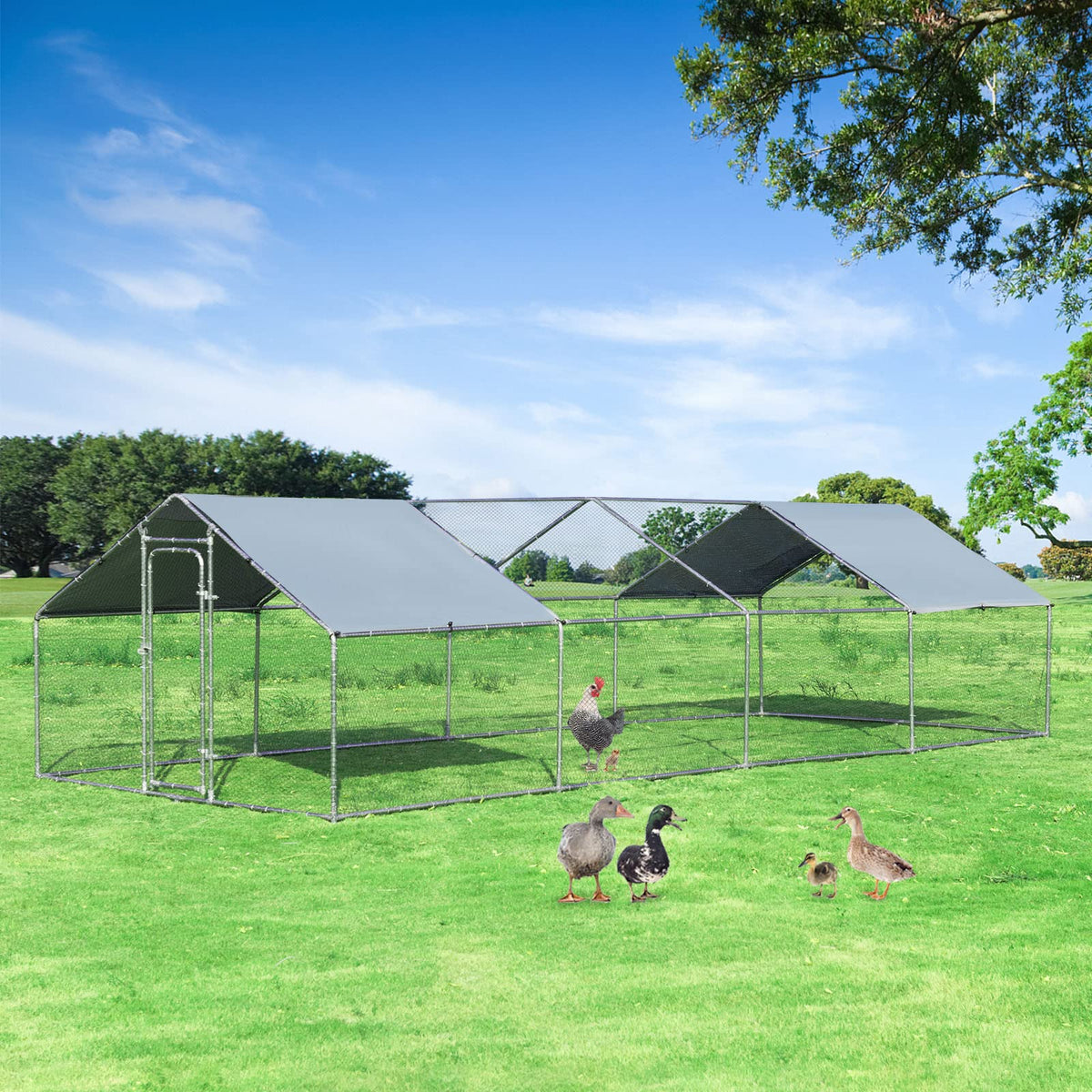 Large Outdoor Metal Chicken Coop, Walk-in Hen Run House with Water-Proof Cover