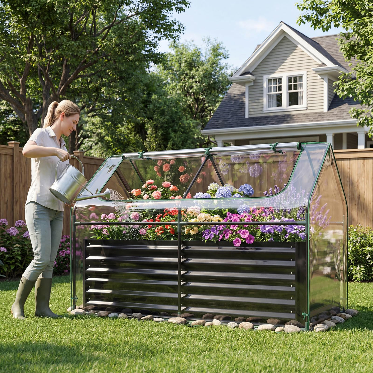 183 x 91 x 122cm 2 Roll-up Windows Metal Raised Garden Bed with Cover and Planter Box for Vegetables
