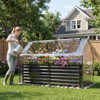 183 x 91 x 122cm 2 Roll-up Windows Metal Raised Garden Bed with Cover and Planter Box for Vegetables