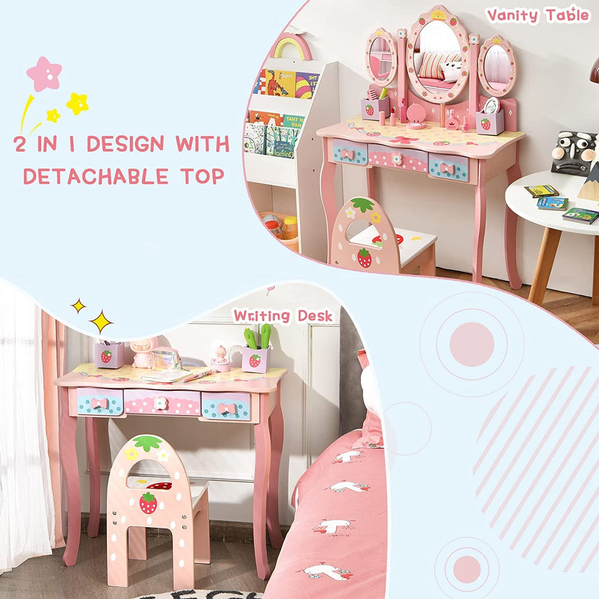 Kids Princess Vanity Table & Chair Set with 360° Rotating Mirror