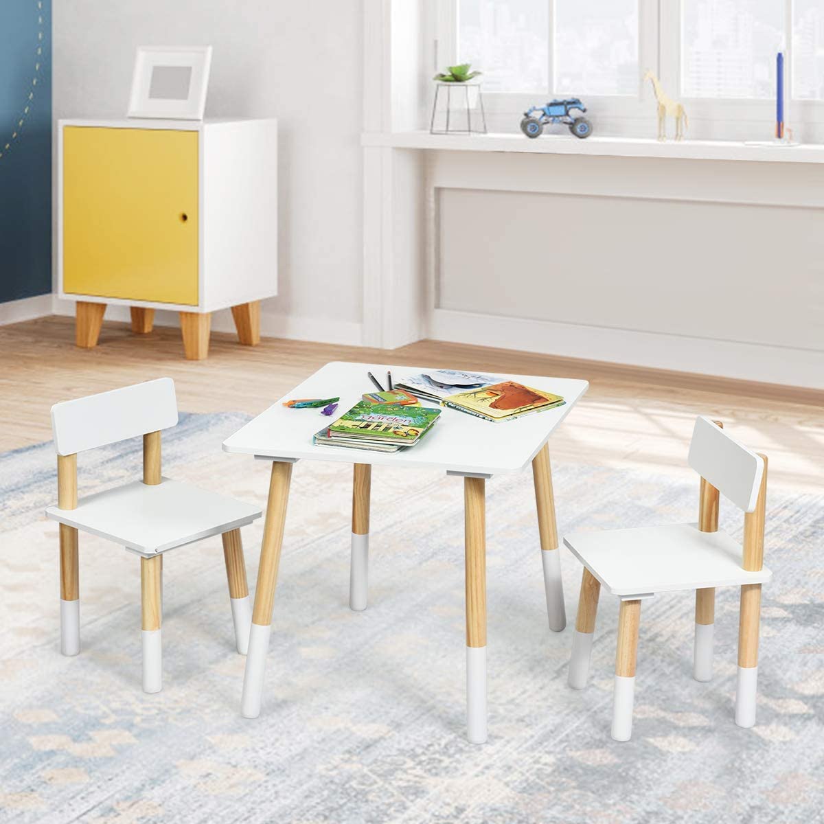 Kids Table and 2 Chairs Set with Pine Wood Legs for Playing & Learning & Eating