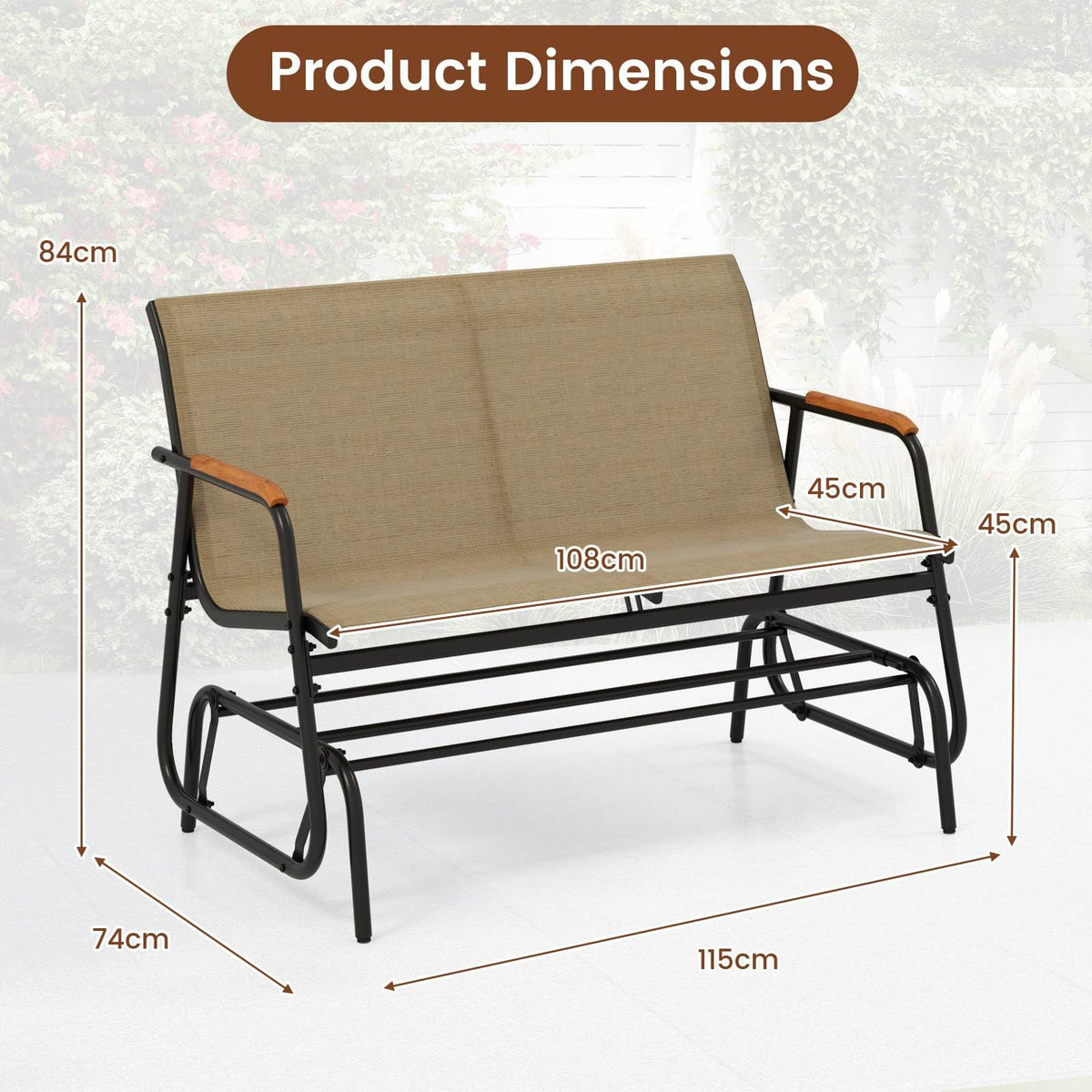 2-Person Outdoor Glider Bench Patio Gliding Loveseat with Breathable Fabric Seat