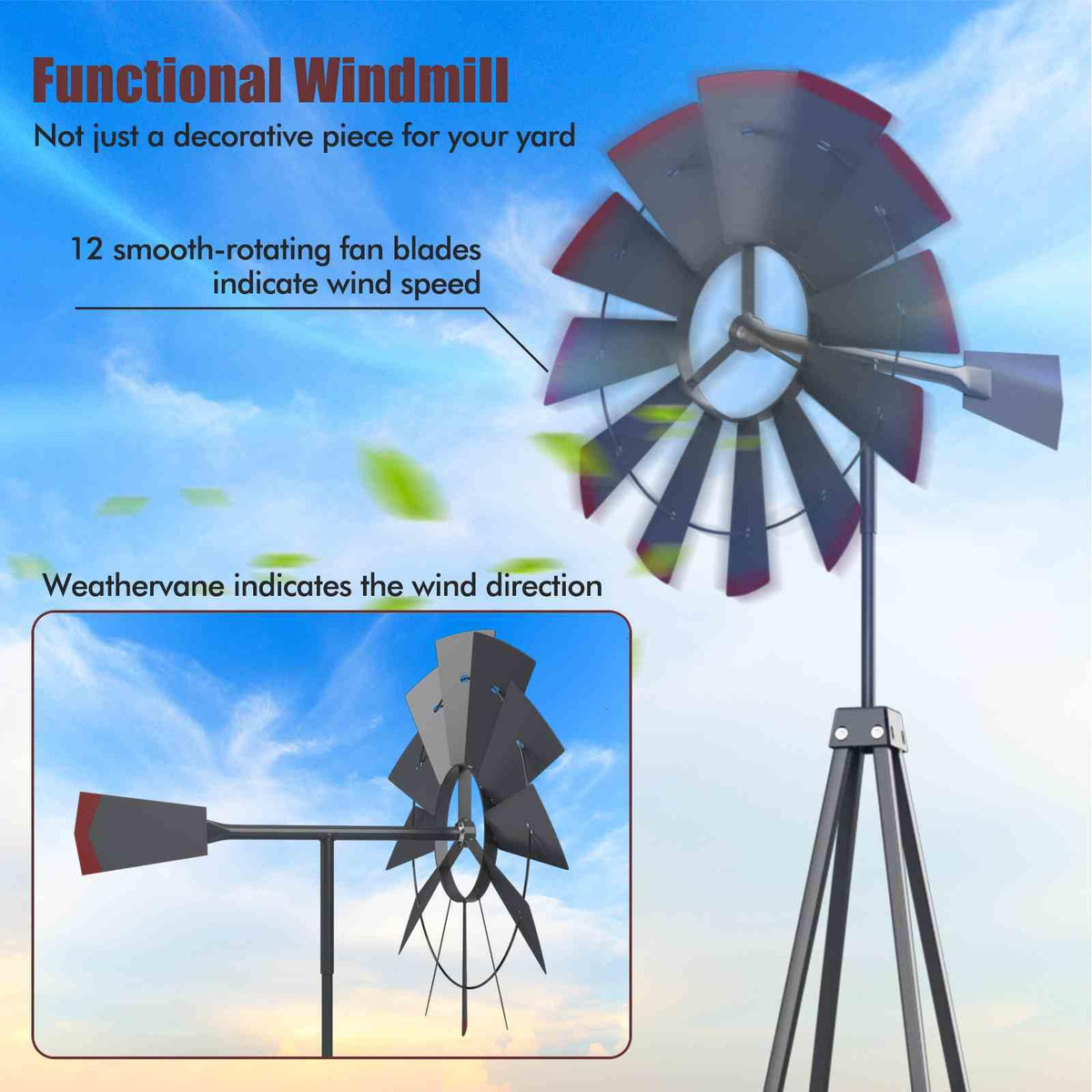 253cm Ornamental Windmill with 4 Support Legs for Backyard, Garden, Farm