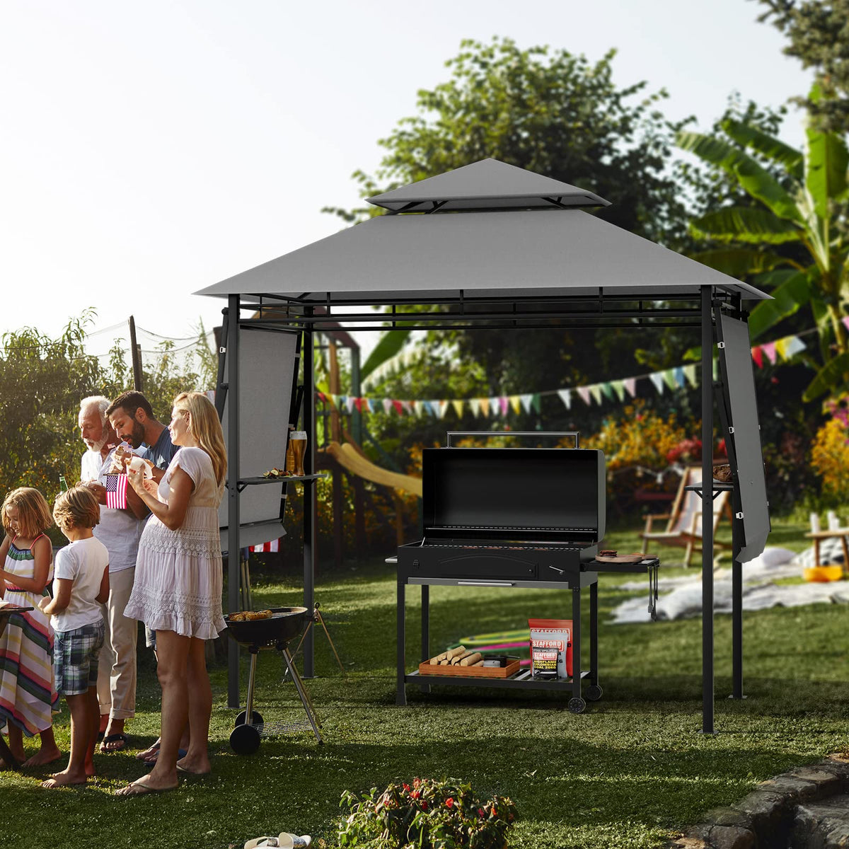 413 x 122cm Outdoor BBQ Grill Gazebo W/Dual Side Awnings, 2 Side Shelves, 8 Stakes Double-Tiered