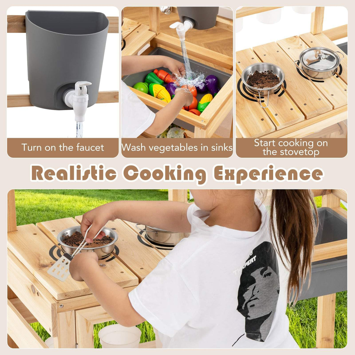 Kids Pretend Play Kitchen Toy Set with Removable Sink, Faucet, Dual Stoves