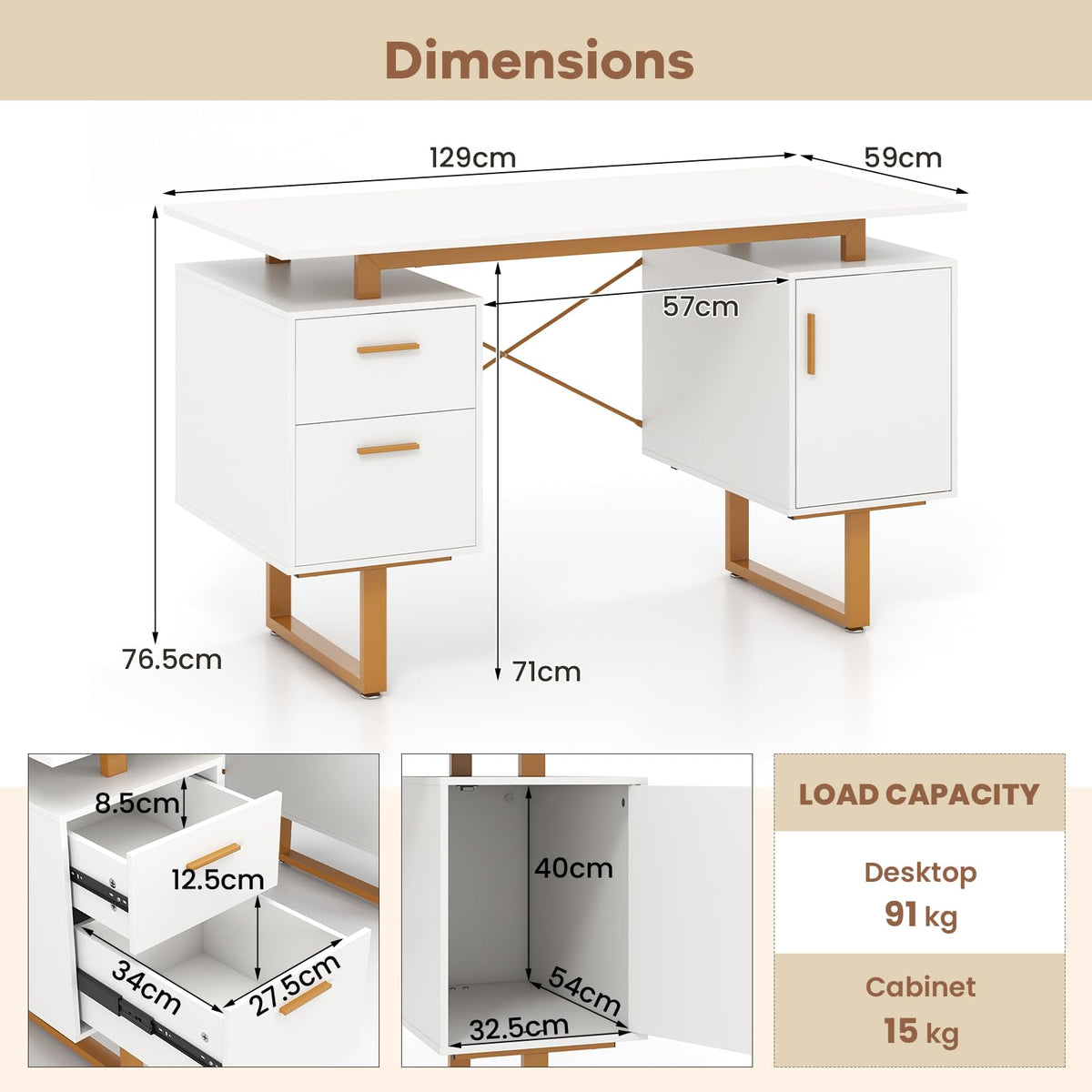 Computer Desk 129cm Desk w/ Floating Desktop Vanity Table for Home & Office