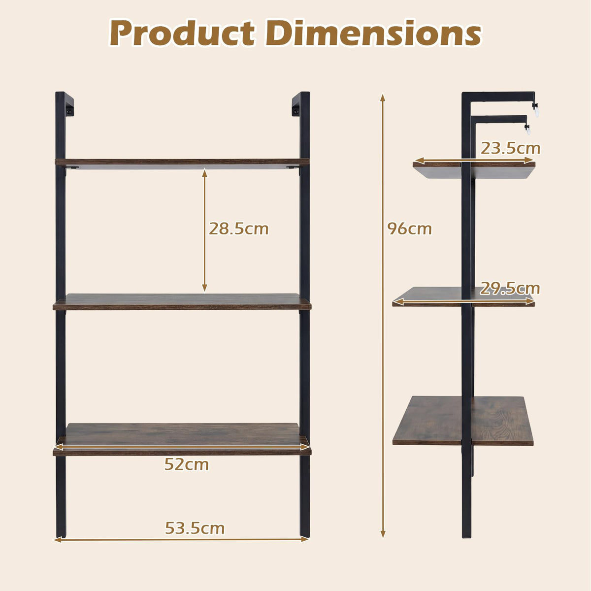 3-Tier Industrial Wall Mounted Shelves Wooden Floating Shelving Unit