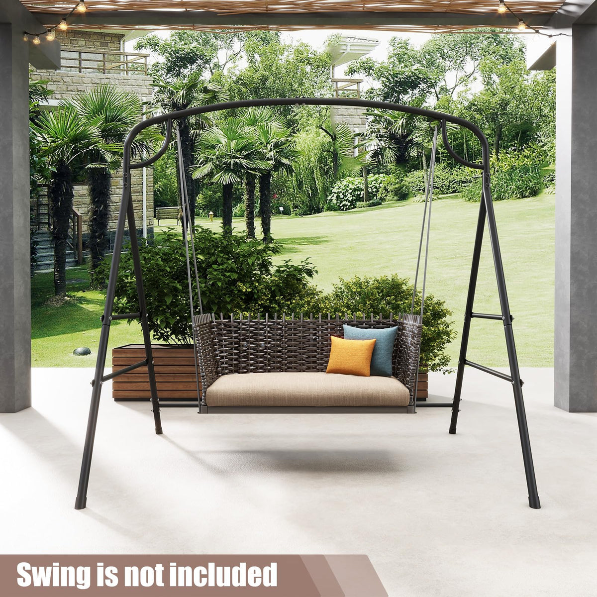 Patio Metal Swing Stand, Heavy-Duty A-Shaped Porch Swing Frame w/Double Side Bars & 2-Ring Design