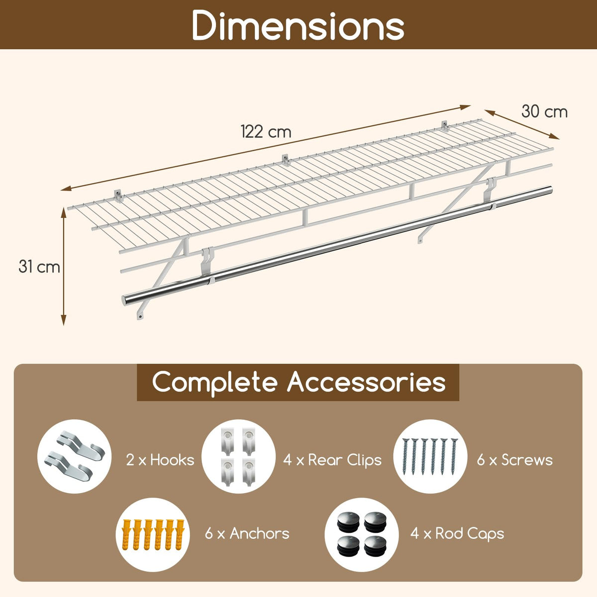 122 x 30 cm Wall‑Mounted Closet Shelf with Hanging Rod