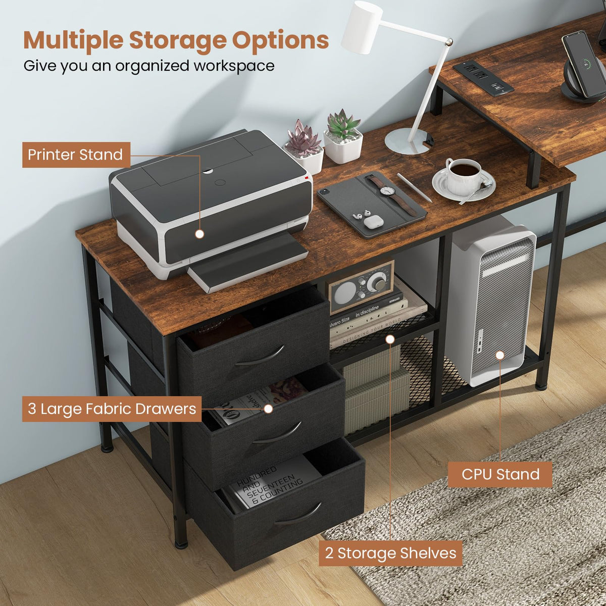 Giantex L-Shaped Computer Desk with Power Outlet, Convertible Corner Desk with 3 Fabric Drawers & Metal Mesh Shelves