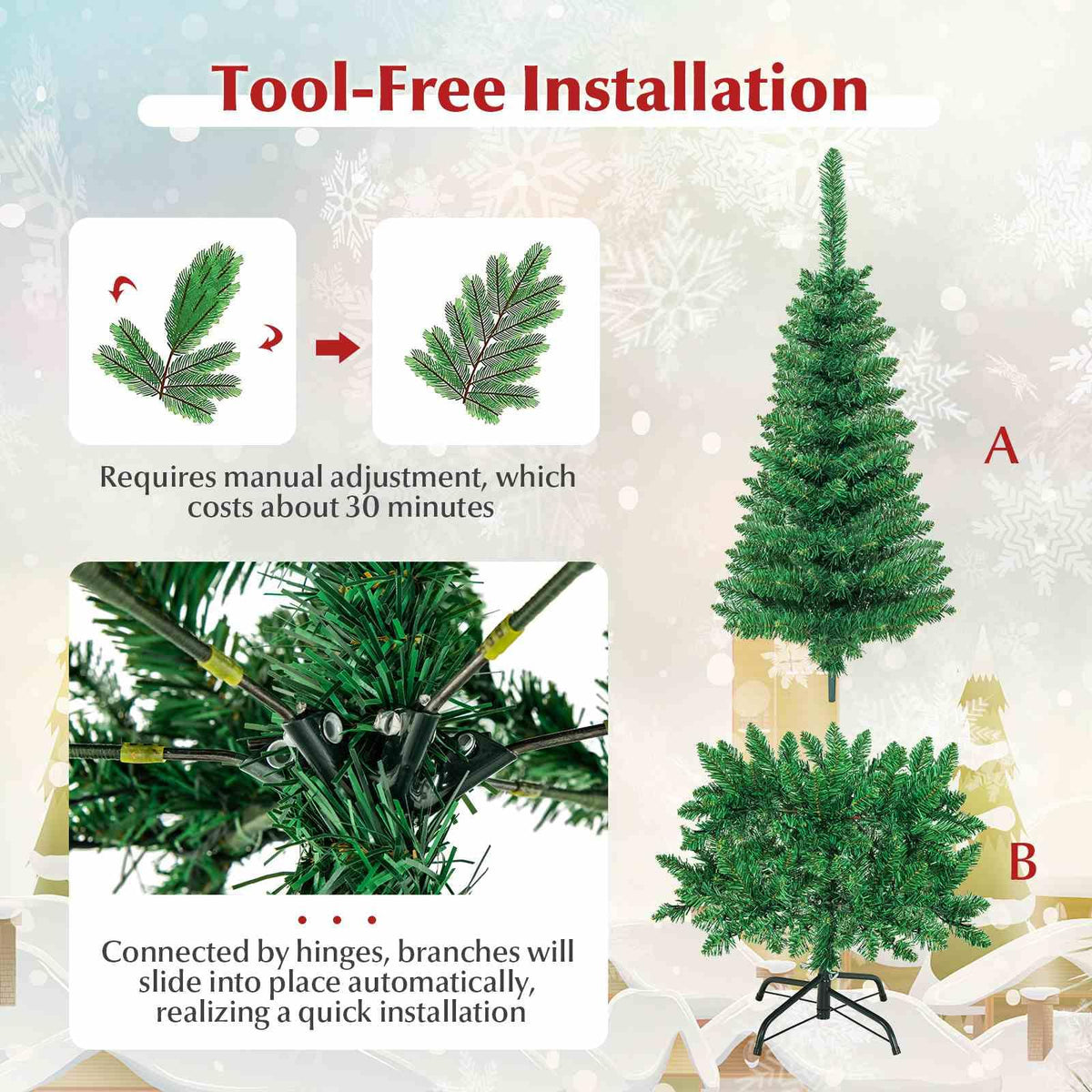 1.37 M Artificial Pencil Christmas Tree with 150 Colorful LED Lights and Foldable Metal Stand