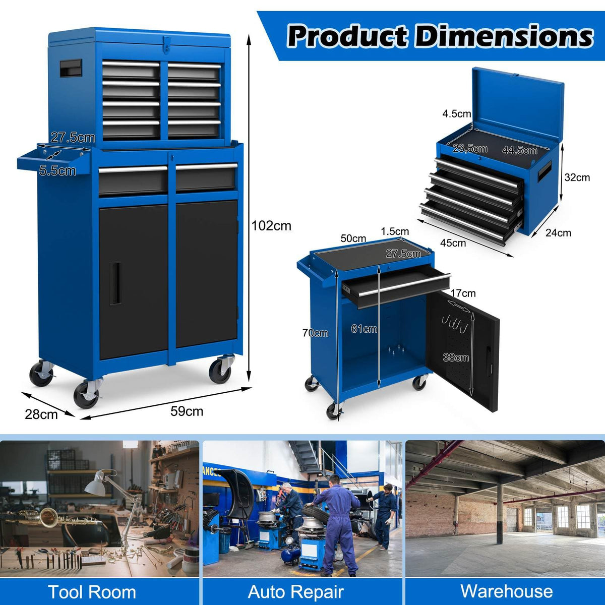 High Capacity Tool Storage Cabinet with Lockable Wheels for Garage