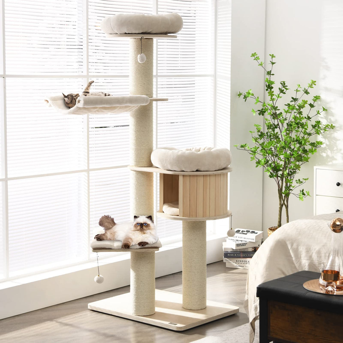 174cm Solid Wood Cat Tree, 4-Layer Cat Tower W/Sisal Scratching Posts, Cat Condo, Top Plush Perch