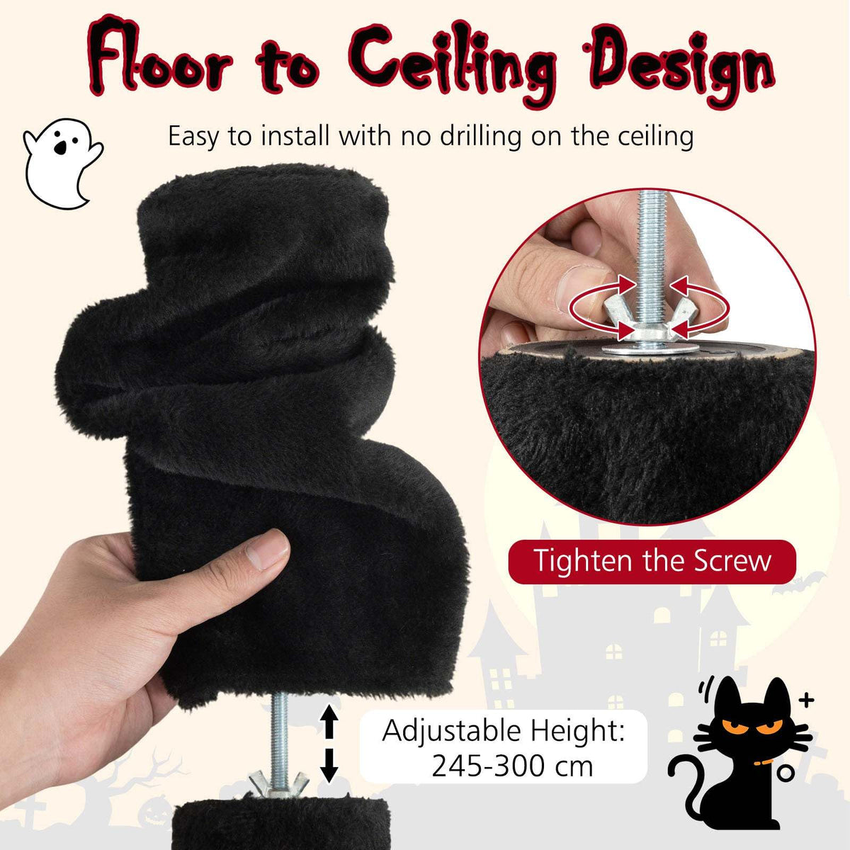 Floor to Ceiling Gothic Cat Tree 245-300 CM Adjustable, 5-Tier Tall Multi-Level Cat Tower