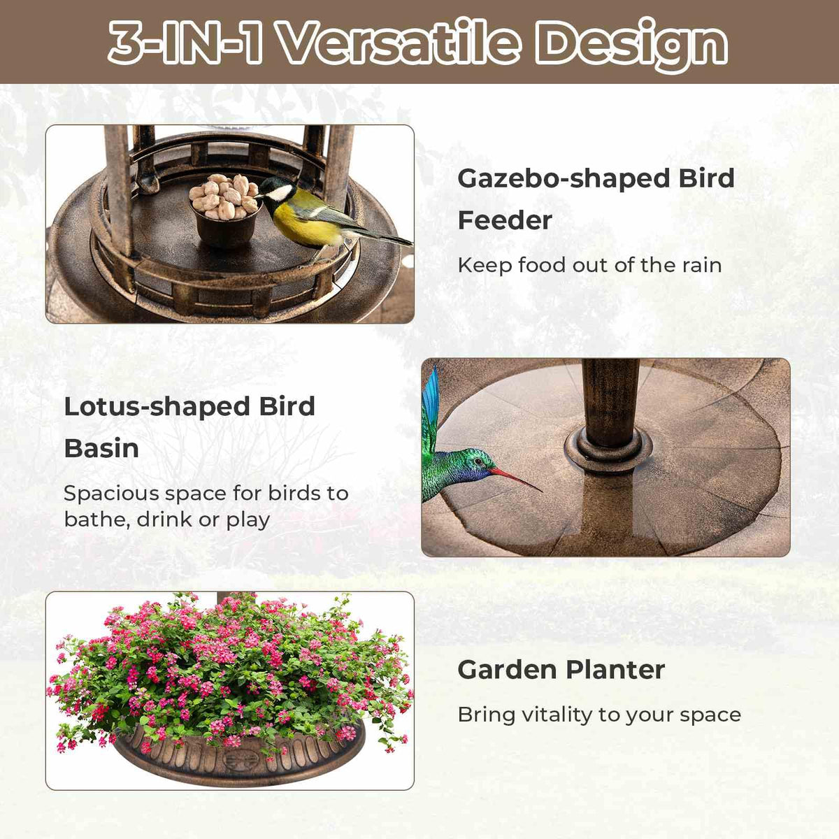 Outdoor Solar Lighted Bird Bath 3-in-1 Pedestal Bird Feeder Decor for Garden