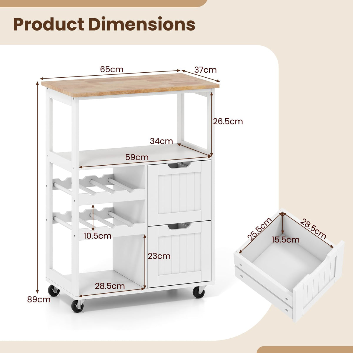 Giantex Rolling Kitchen Island Cart, Solid Rubber Wood Top Serving Trolley with 2-Tier Wine Rack