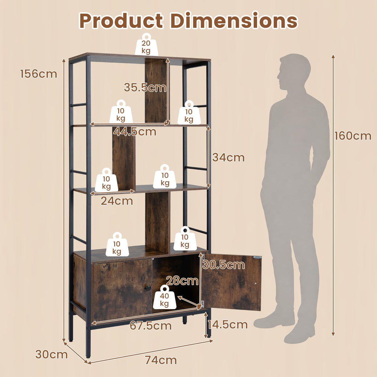 Industrial Tall Bookshelf with 3-Tier Shelves and 2-Door Cabinet for Living Room