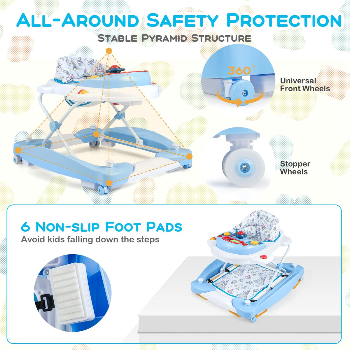 6 in 1 Baby Walker & Activity Center with Adjustable Height and Removable Music Tray
