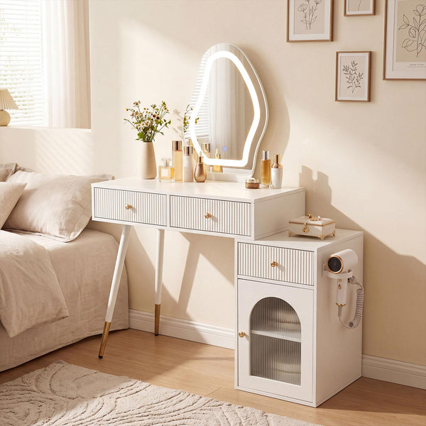 Giantex Vanity Desk with Mirror, Modern Dressing Table with 3 Light Colors & Adjustable Brightness