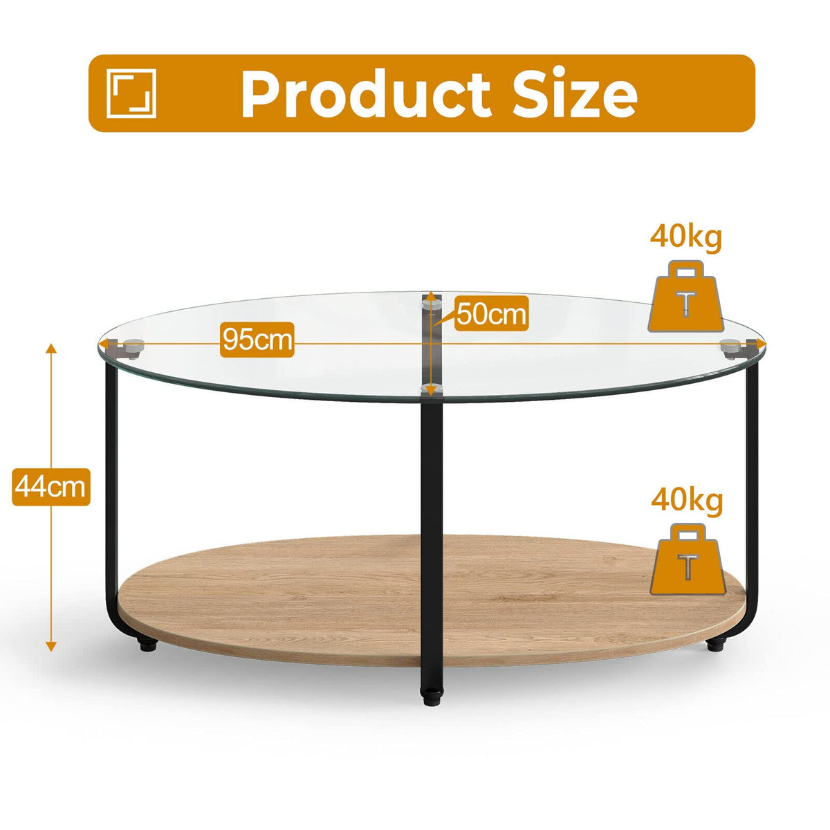 Giantex 2-Tier Coffee Table, Oval Modern Side Table with Tempered Glass Tabletop & Wooden Shelf