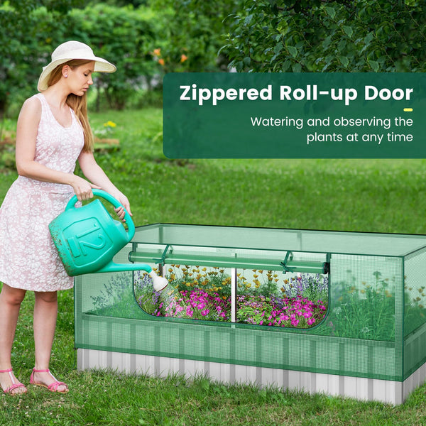 Galvanized Raised Garden Bed w/Mini Greenhouse Cover, Raised Metal Flower Bed w/Large Roll-up Window