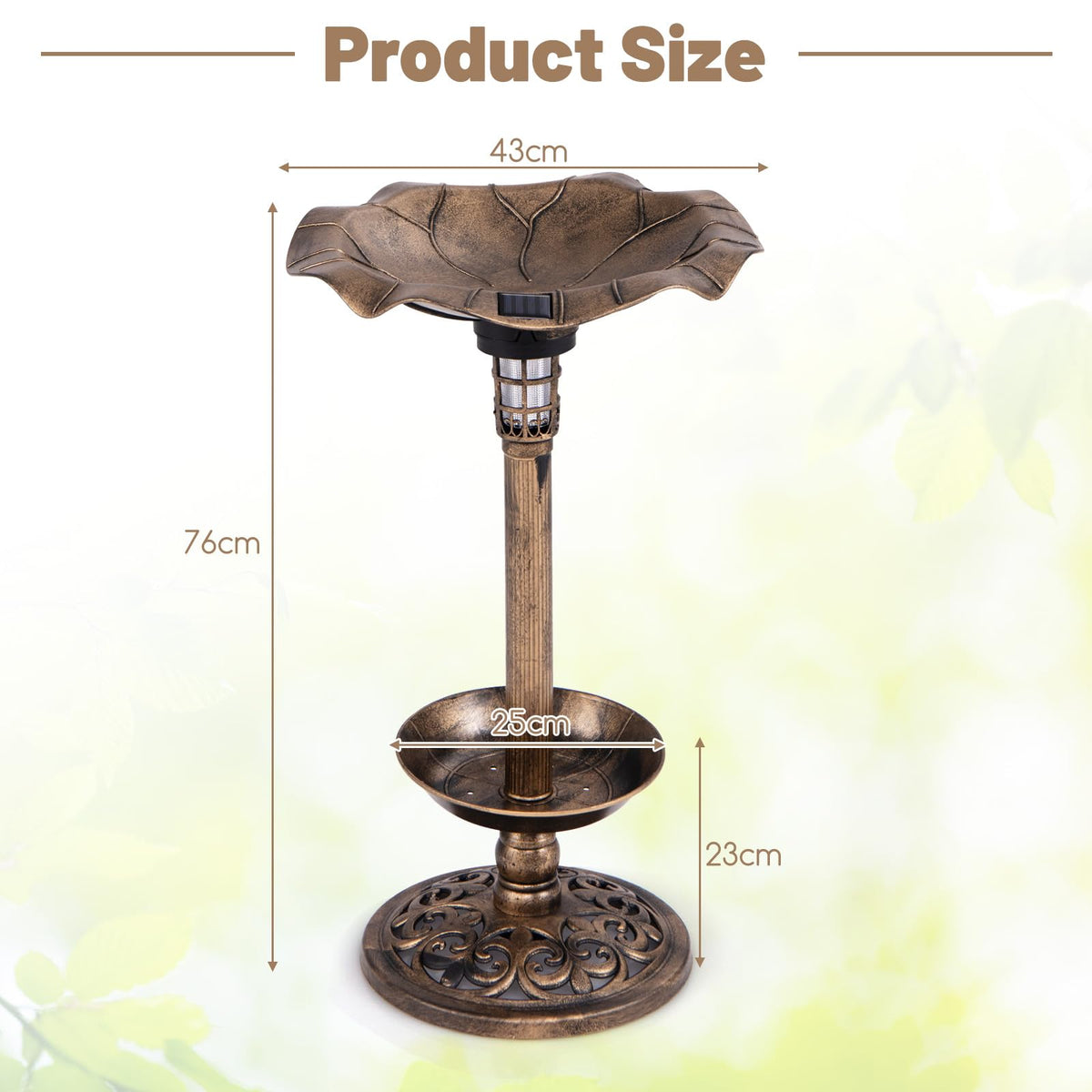 Outdoor Solar Bird Bath Standing Pedestal with Feeder and Lamp for Garden