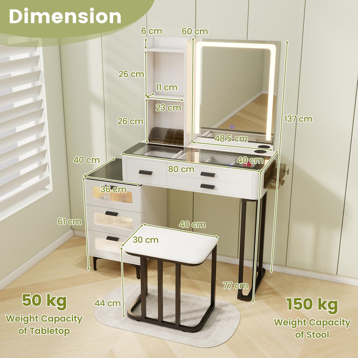 Giantex Makeup Vanity Desk with Mirror and Lights, Dressing Table and Stool Set with Charging Station, 3-Color LED Lights