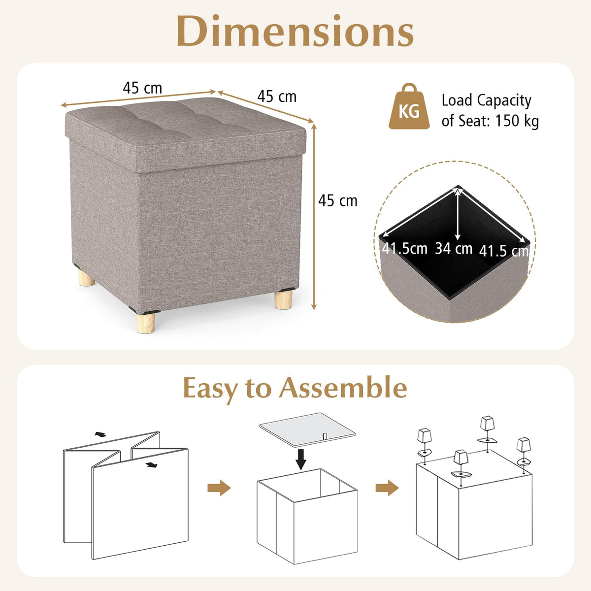 45cm Ottoman with Storage Linen Fabric Footstool