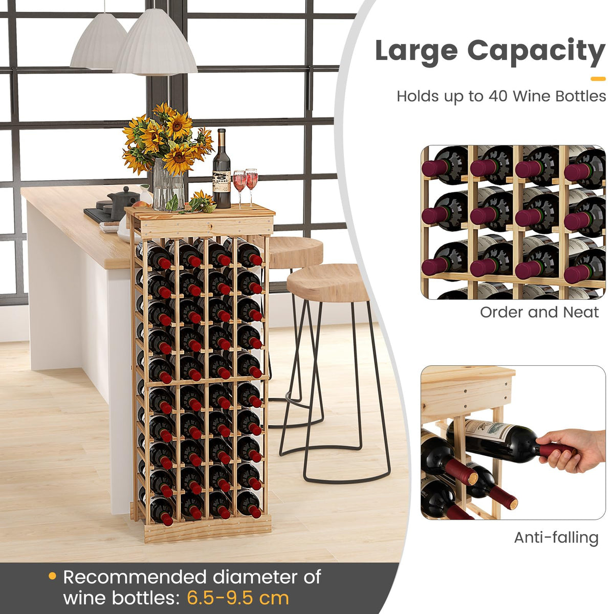 Giantex 40 Bottles Modular Wine Rack, Solid Wood Wine Bottle Holder with Anti-toppling Device