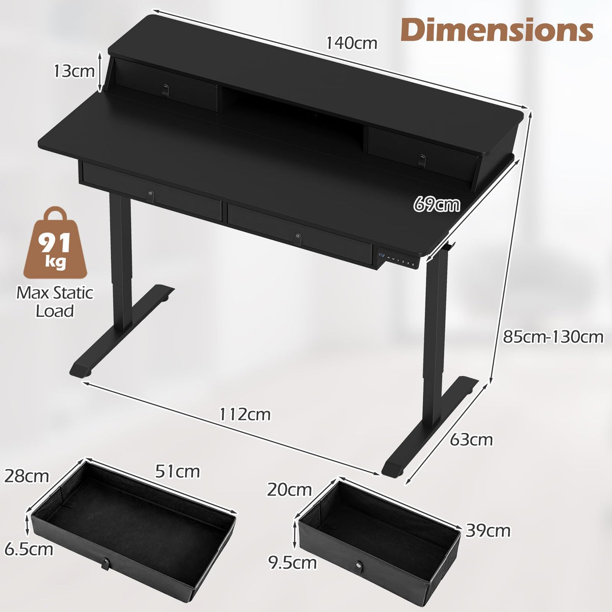 Giantex Electric Standing Desk 140cm w/Monitor Stand&Drawers